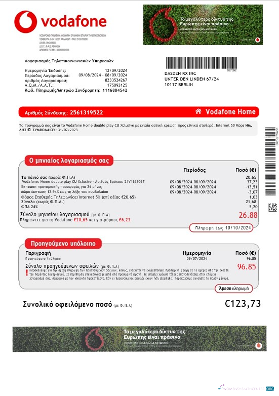 Download Greece Vodafone Greece business utility bill Word and PDF template Photoshop template